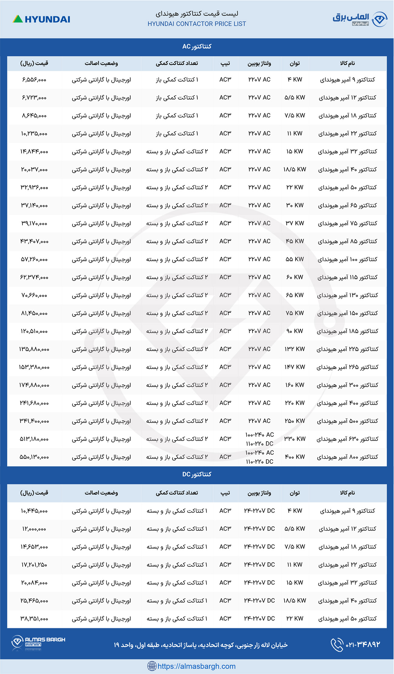 لیست قیمت جدید کنتاکتور هیوندای 1403