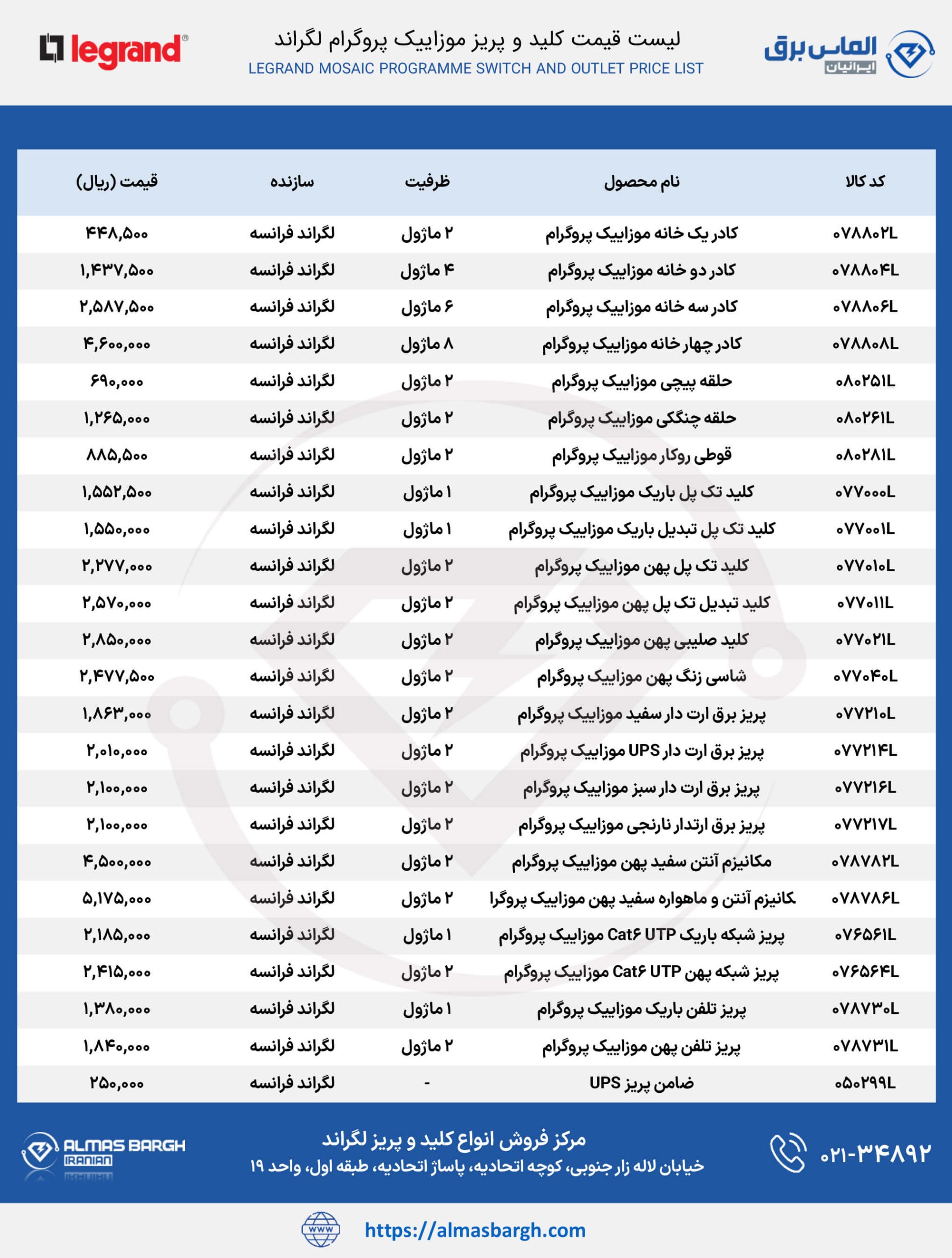 لیست قیمت کلید و پریز موزاییک لگراند