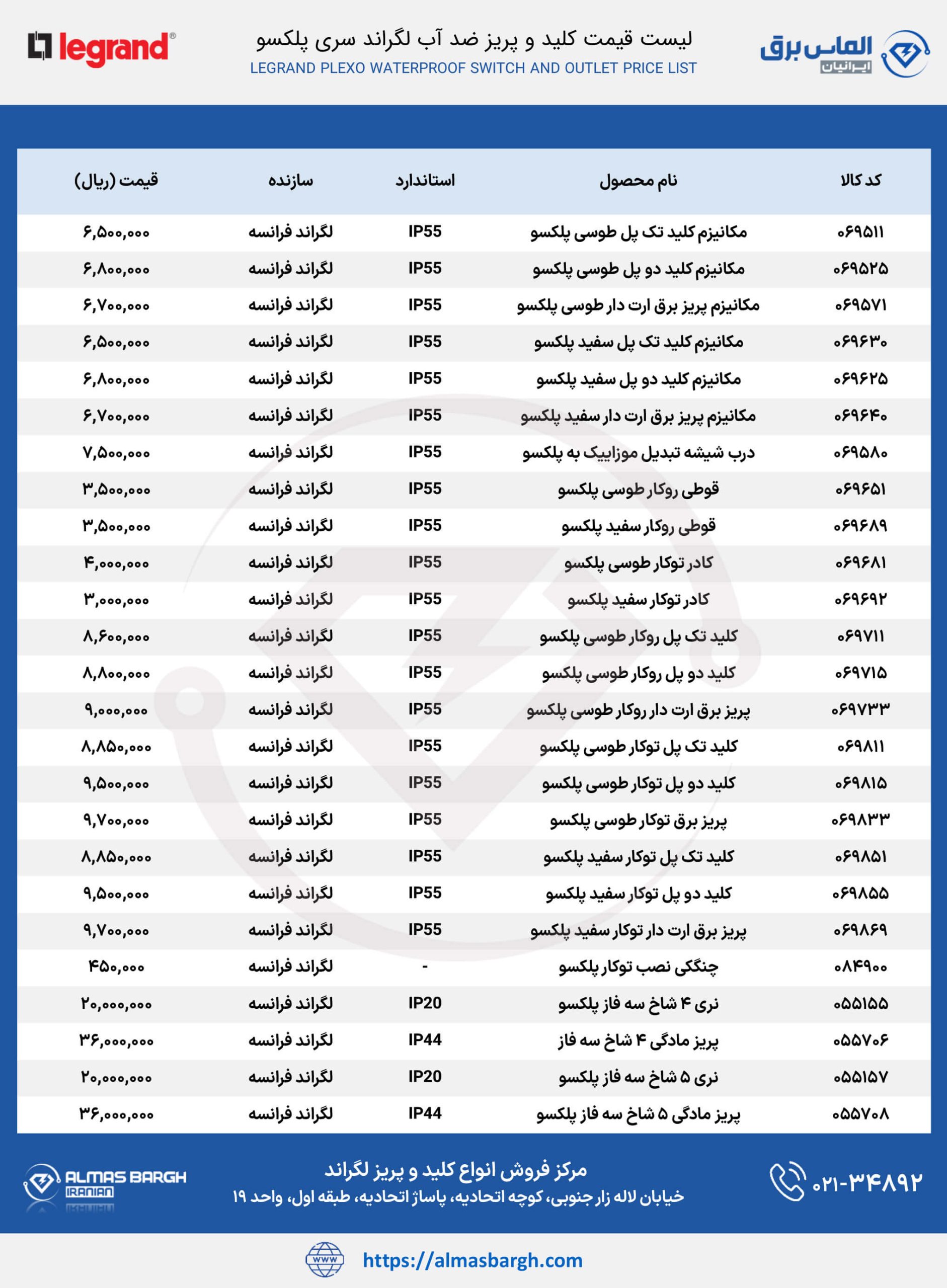 لیست قیمت کلید و پریز ضد آب پلکسو لگراند