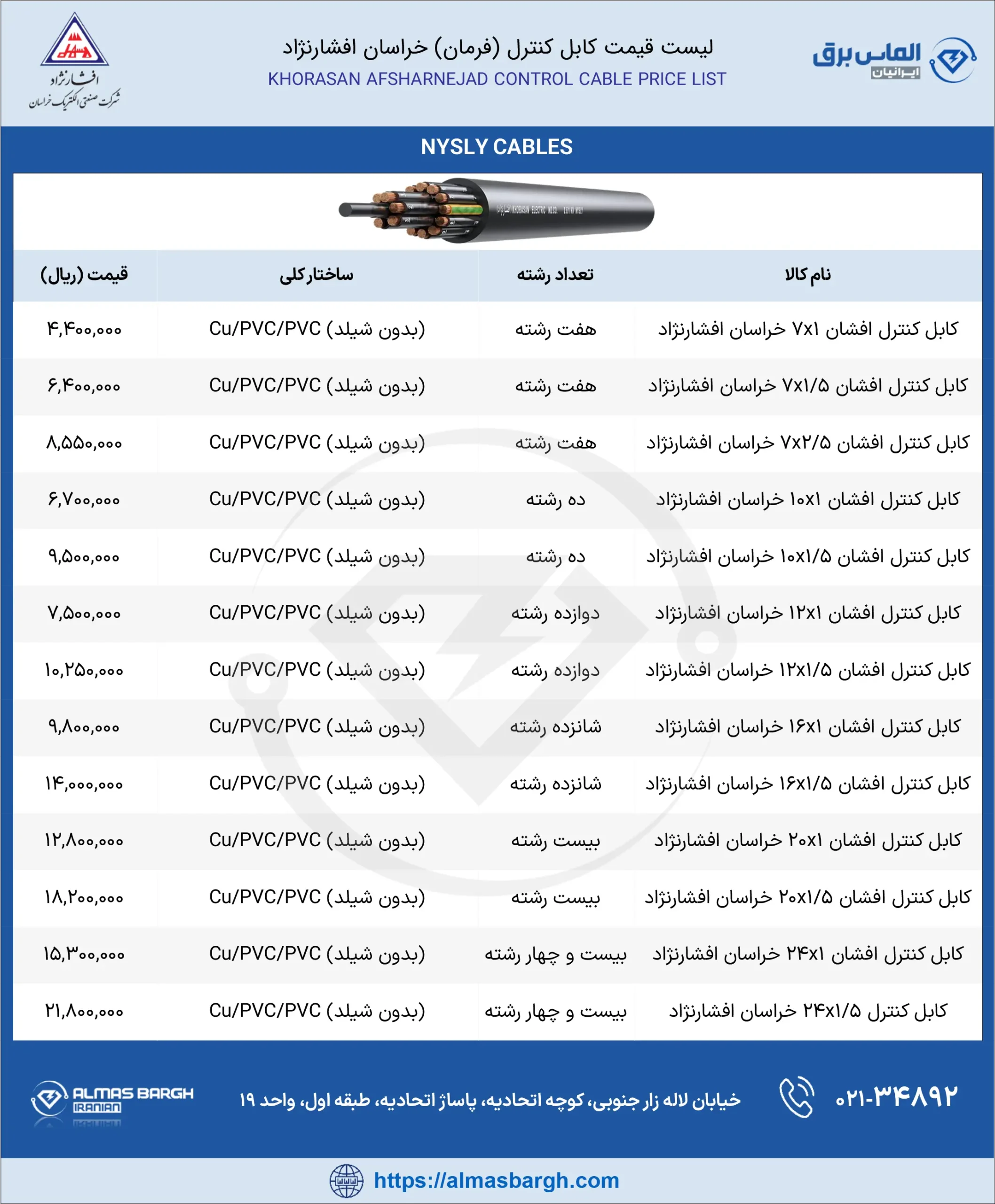 لیست قیمت کابل فرمان خراسان افشارنژاد